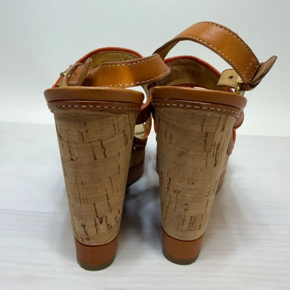 COACH Light Tan/ Bright C‎ Guileietta Cork Wedge Sandals Womens Size 9B